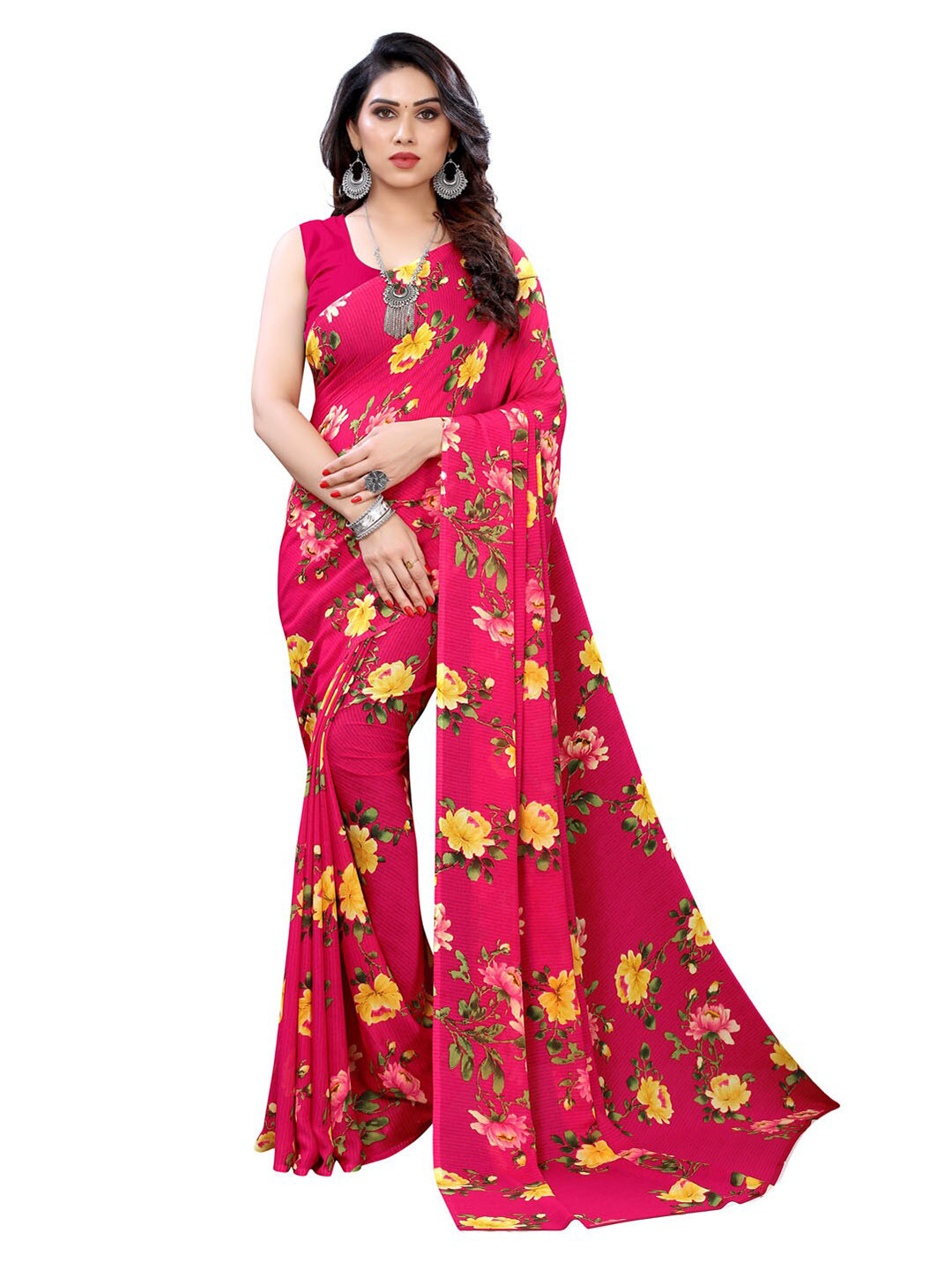 KALINI Pink & Yellow Floral Pure Georgette Saree