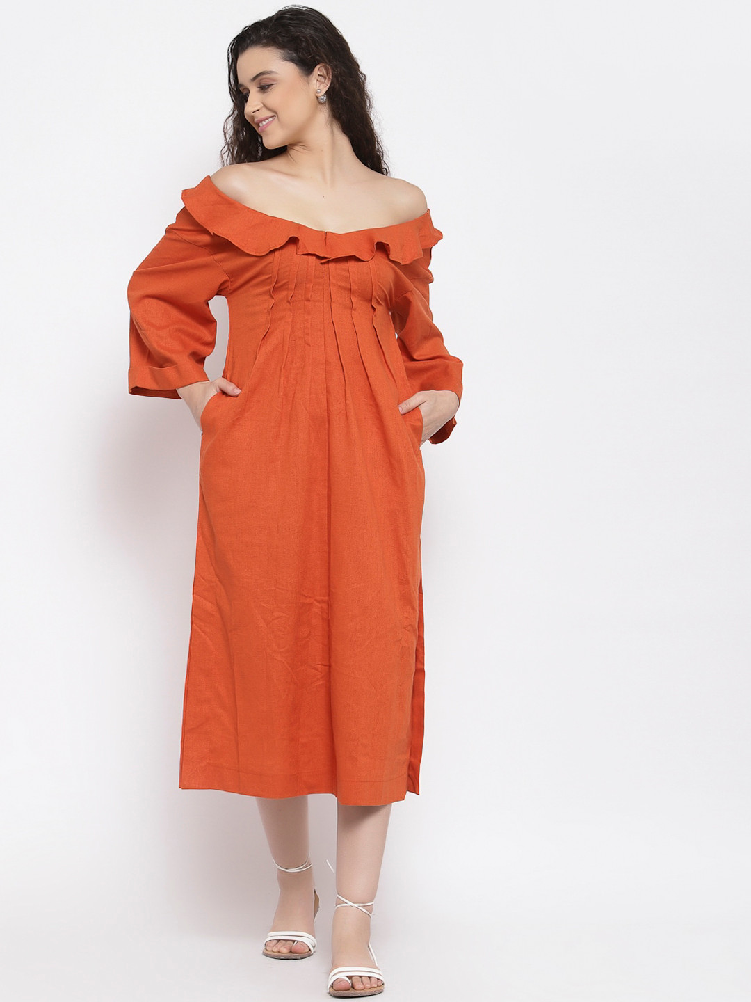 iki chic Orange Off-Shoulder A-Line Midi Dress