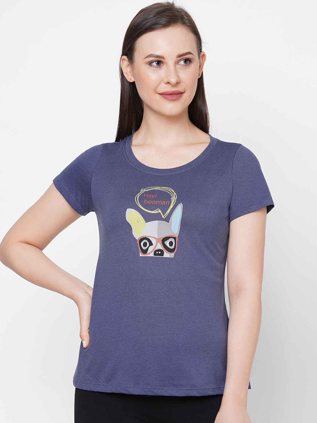 Soie Women Blue & Yellow Printed Lounge T-Shirt