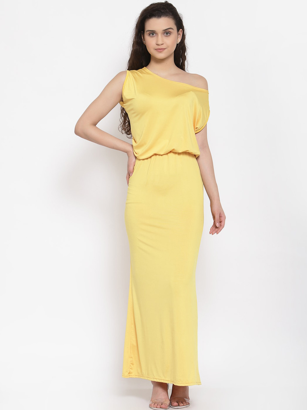 Iki chic Yellow Drooping One Shoulder Scuba Blouson Maxi Dress