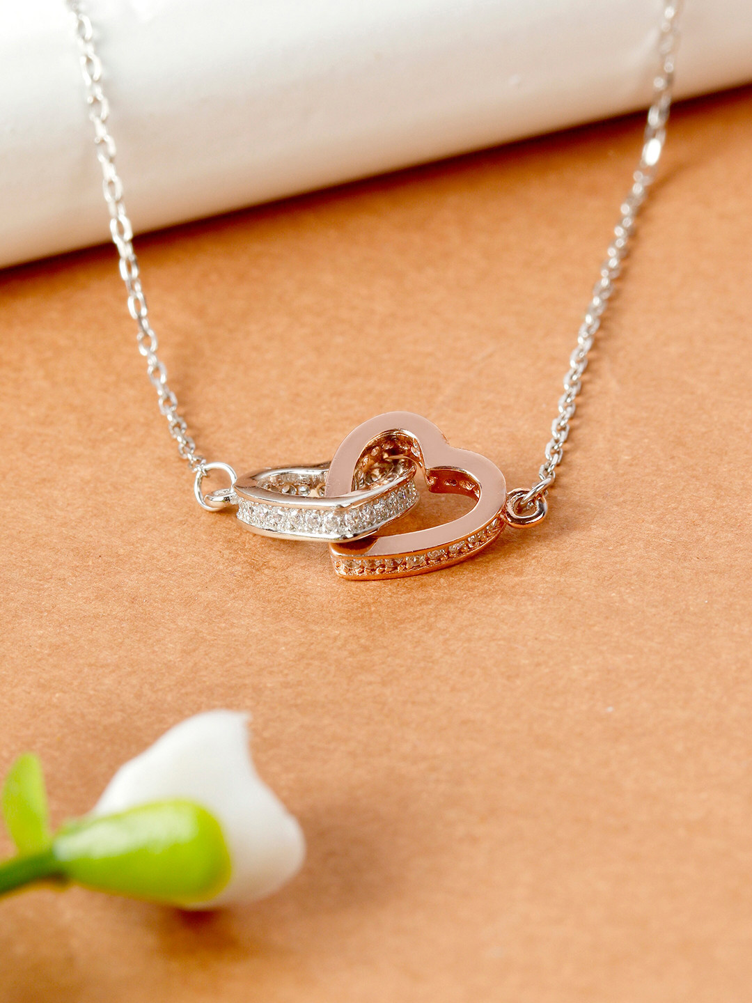 GIVA 925 Sterling Silver Rhodium-Plated White & Rose-Gold-Toned CZ-Studded Dual Tone Interlocked Heart Pendant With Chain