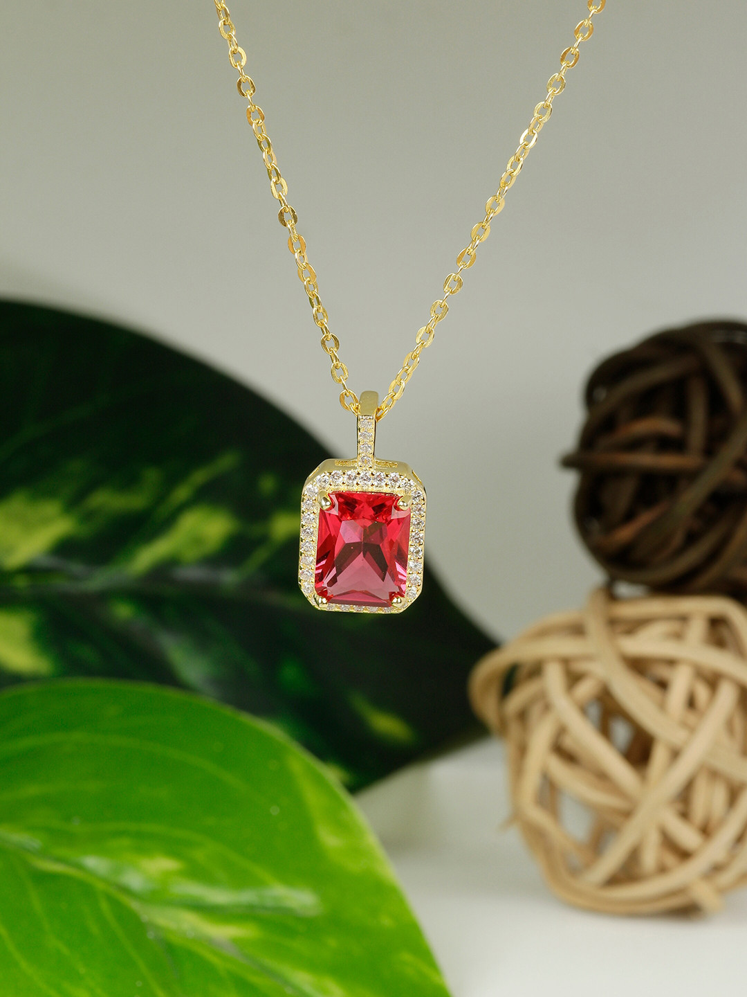 GIVA 925 Sterling Silver Gold-Plated Red CZ & Ruby-Studded Pendant With Chain