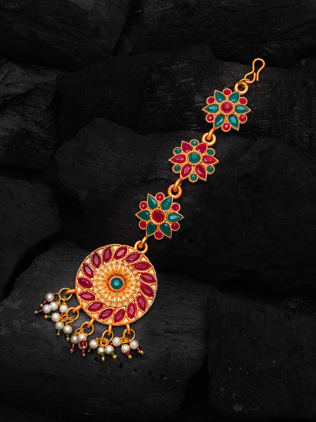 aadita Gold-Plated Red & Green Ruby-Studded Pearl Embellished Handcrafted Maang Tikka
