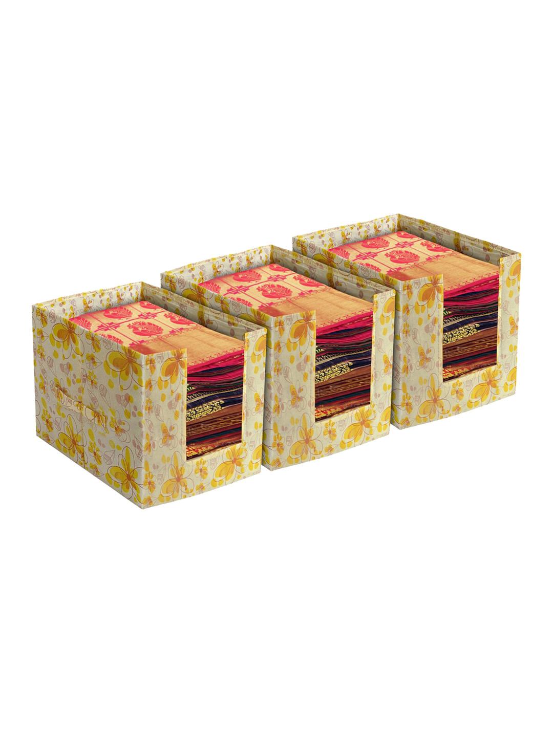 Kuber Industries Set Of 3Yellow & White Printed Foldable Rectangle Cloth Saree Stacker