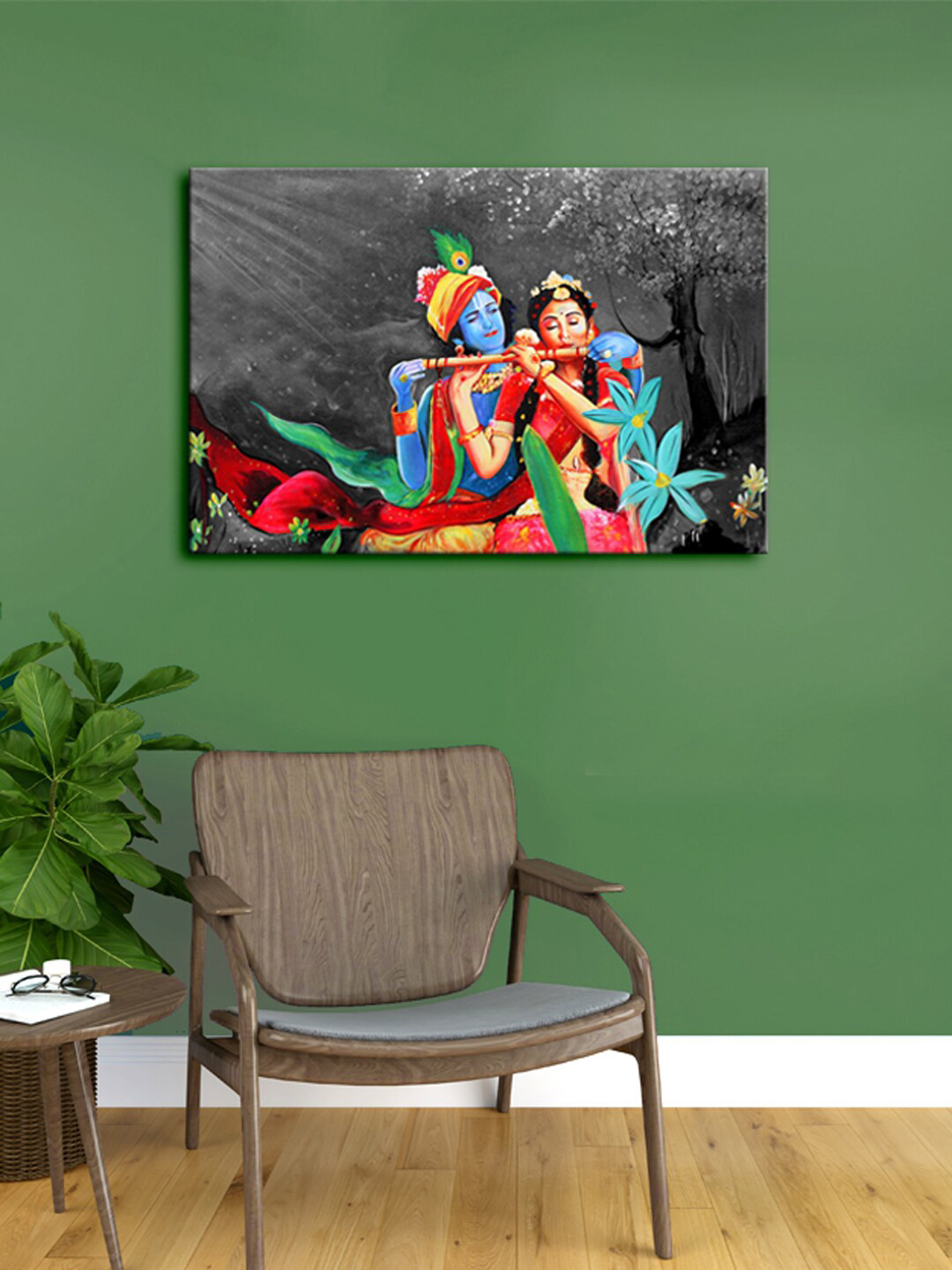 999Store Grey & Red Lovely Radha Krishna Playing Flute Canvas Framed Painting Wall Art