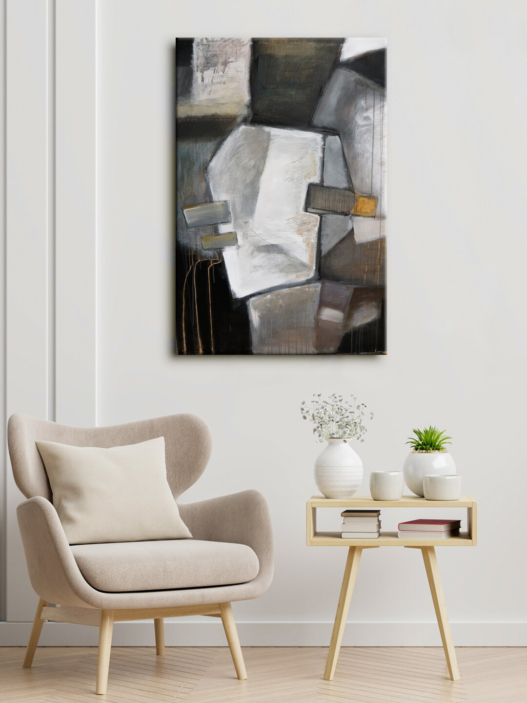 999Store Grey & Black Abstract Canvas Framed Painting Wall Art