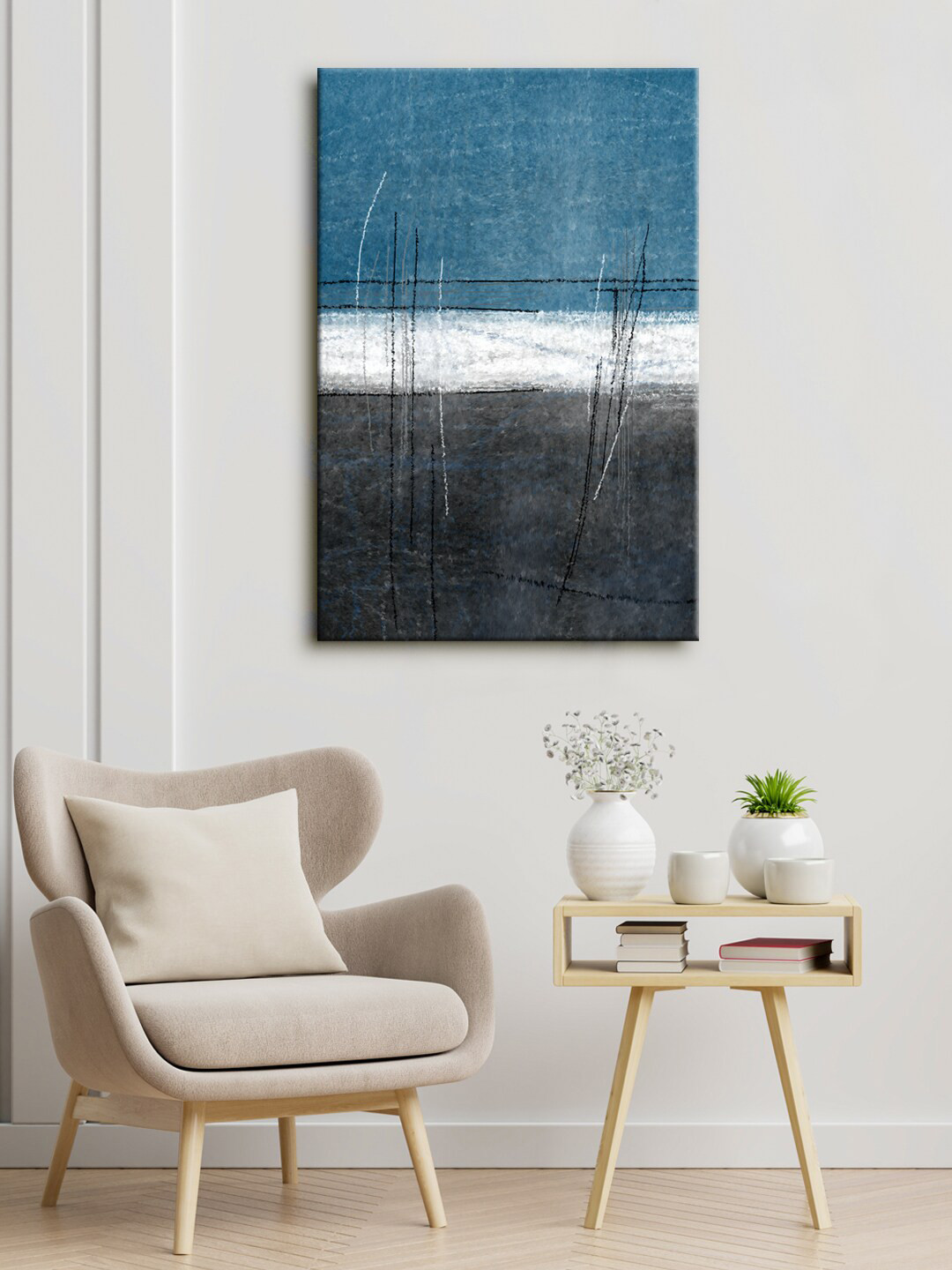 999Store Blue & White Abstract Framed Canvas Painting Wall Art