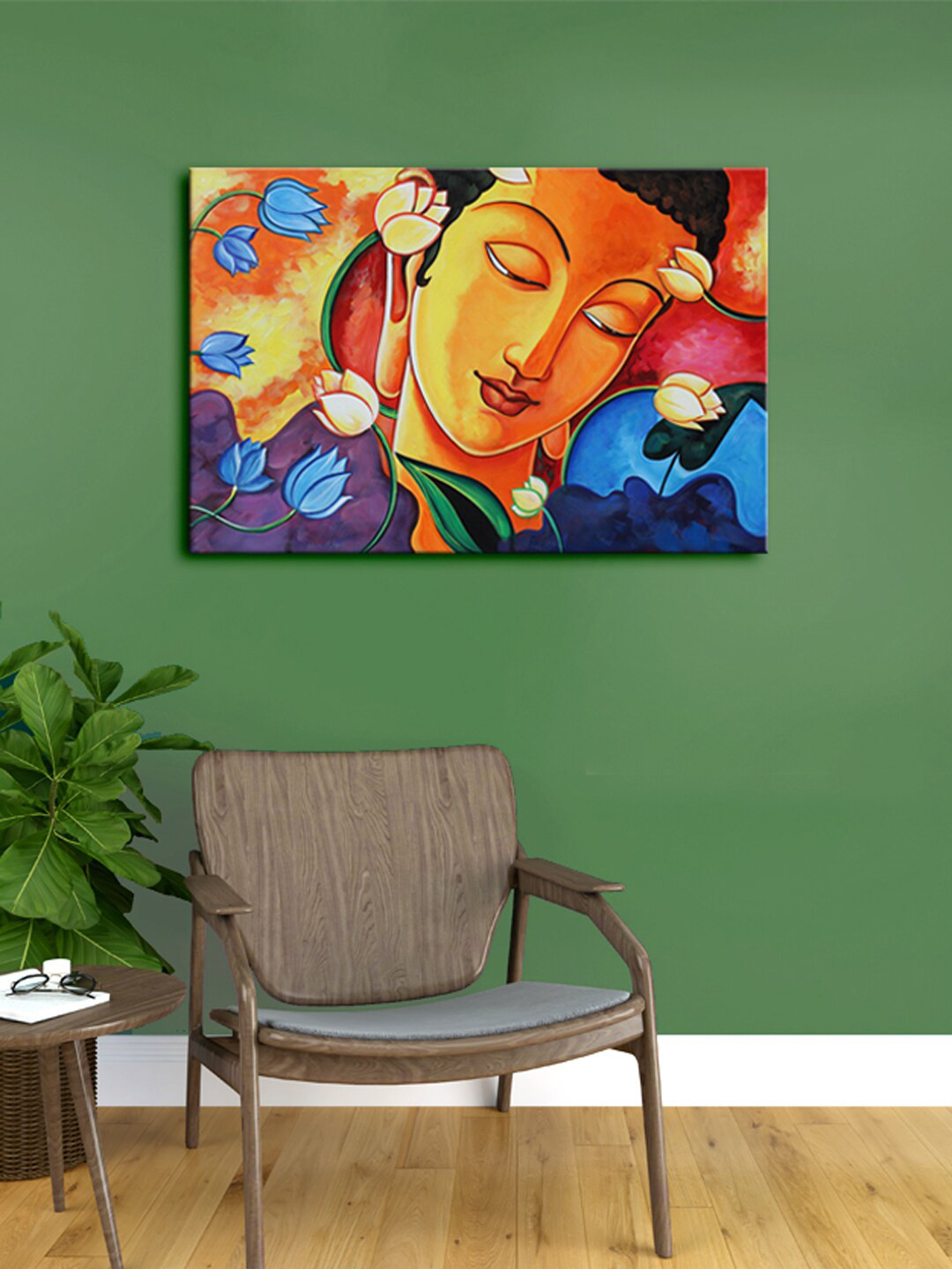 999Store Orange & Blue Buddha Face & Flowers Framed Canvas Painting Wall Art