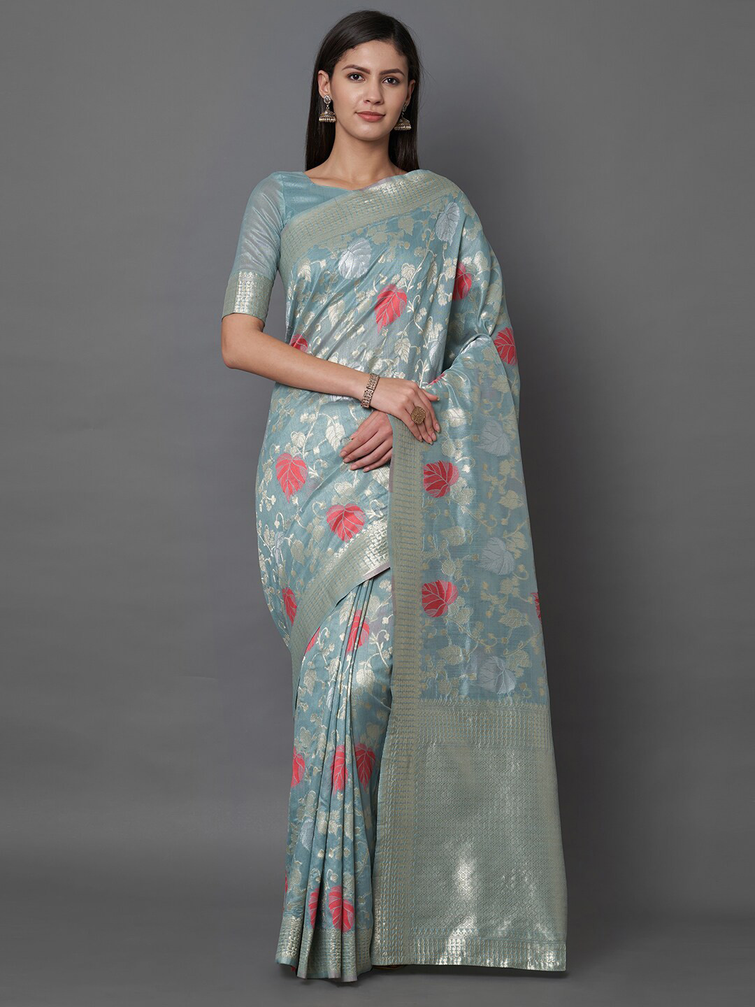 Mitera Grey & Silver-Toned Woven Design Zari Silk Blend Saree