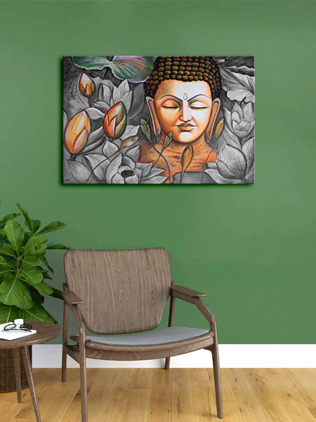 999Store Grey & Brown Budhha Face And Flowers Canvas Framed Wall Art