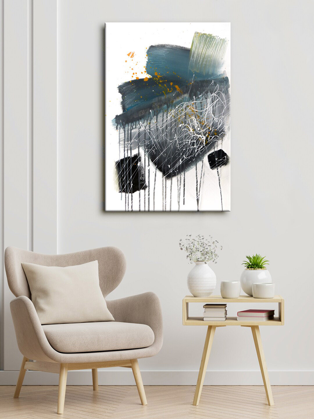 999Store Grey & White Abstract Canvas Painting Framed Wall Art