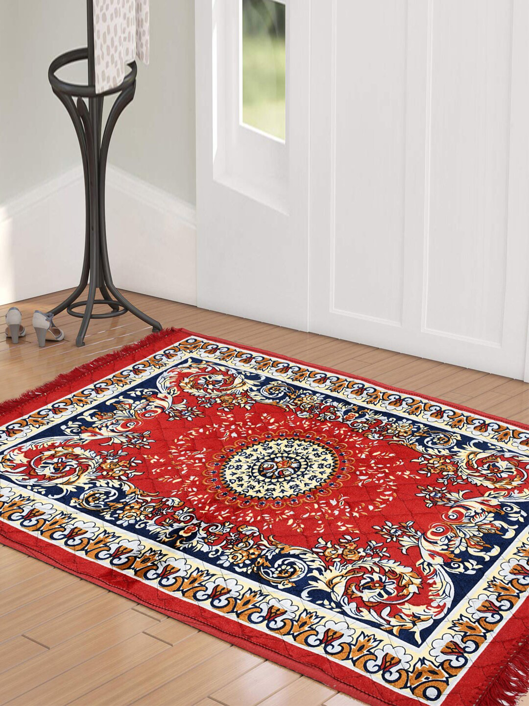 Kuber Industries Red & Navy Blue Traditional Printed Velvet Traditional Anti-Skid Carpet