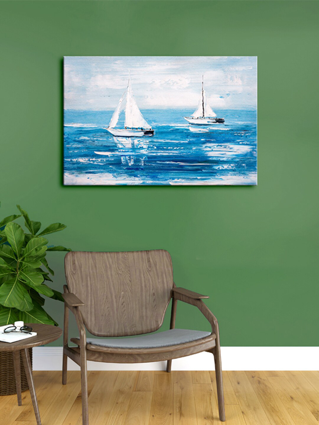 999Store Blue & White Winter Nature On Snow Boats Framed Canvas Painting Wall Art
