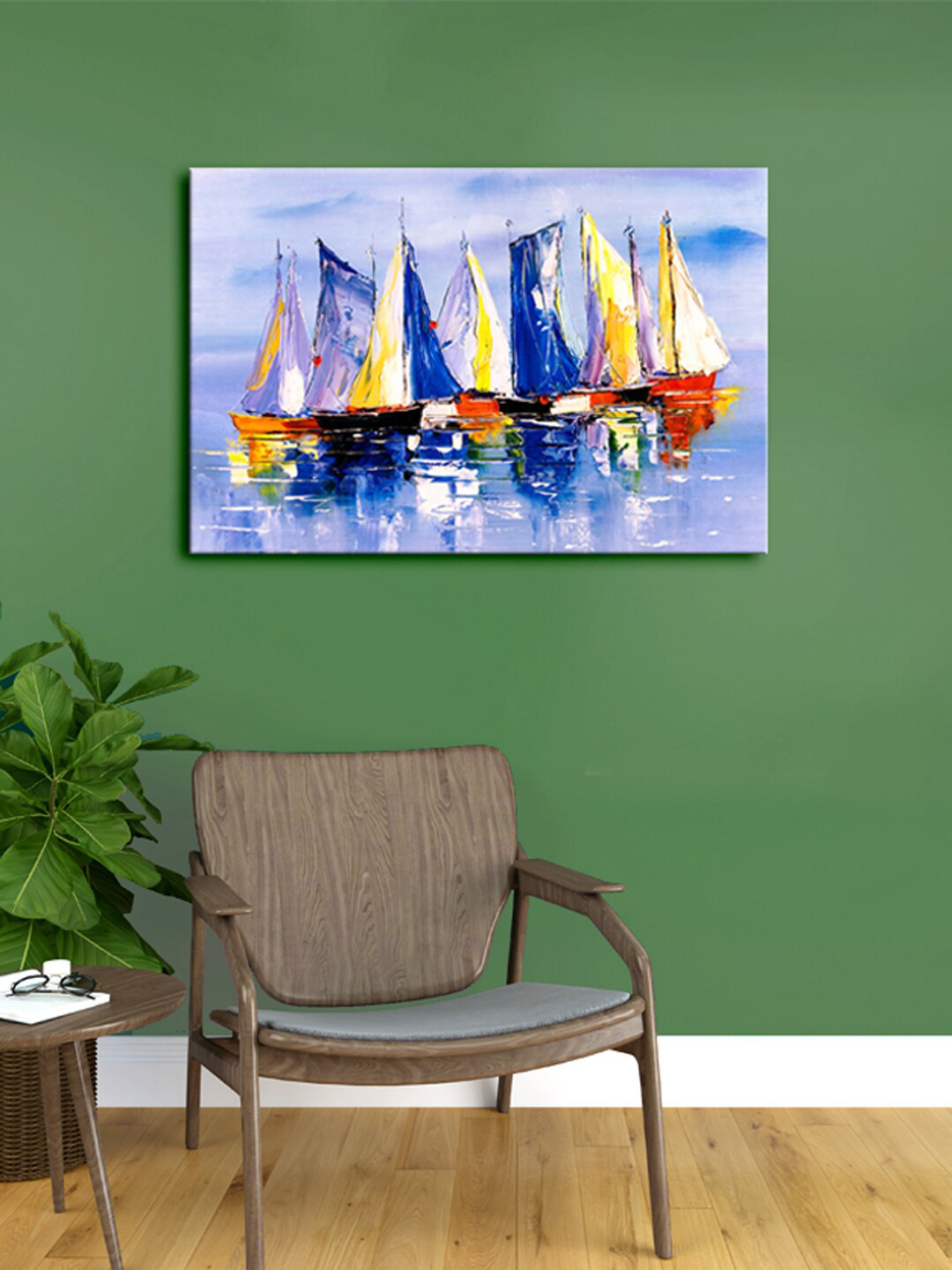 999Store Blue & Yellow Abstract Boats Canvas Painting Framed Wall Art