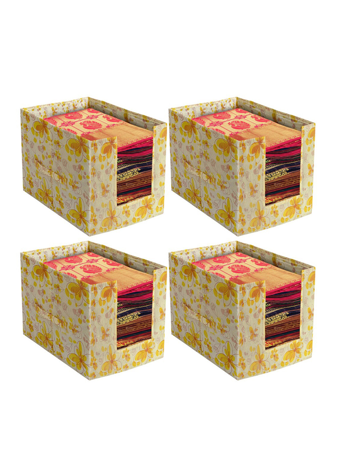 Kuber Industries Set Of 4 Yellow & White Flower Design Foldable Rectangle Cloth Saree Stacker