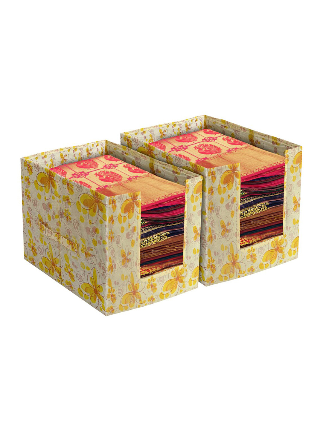 Kuber Industries Set Of 2 Yellow & White Flower Design Foldable Rectangle Cloth Saree Stacker
