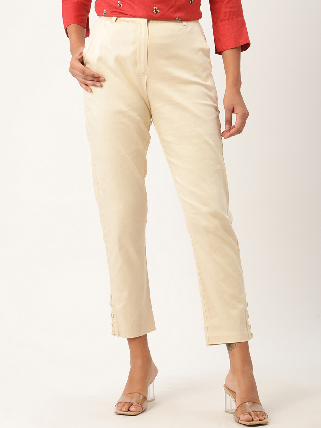 ROOTED Women Cream Peg Trousers