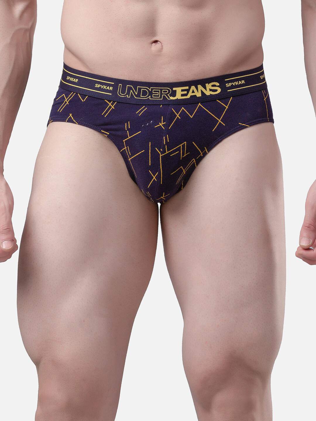 UnderJeans by Spykar Men Navy Blue & Yellow Printed Cotton Basic Briefs UJMBRPBS031