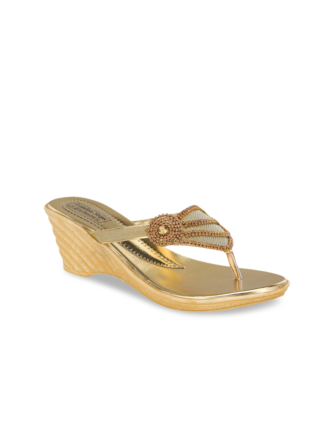 LONDON STEPS Women Gold Embellished Wedge Sandals
