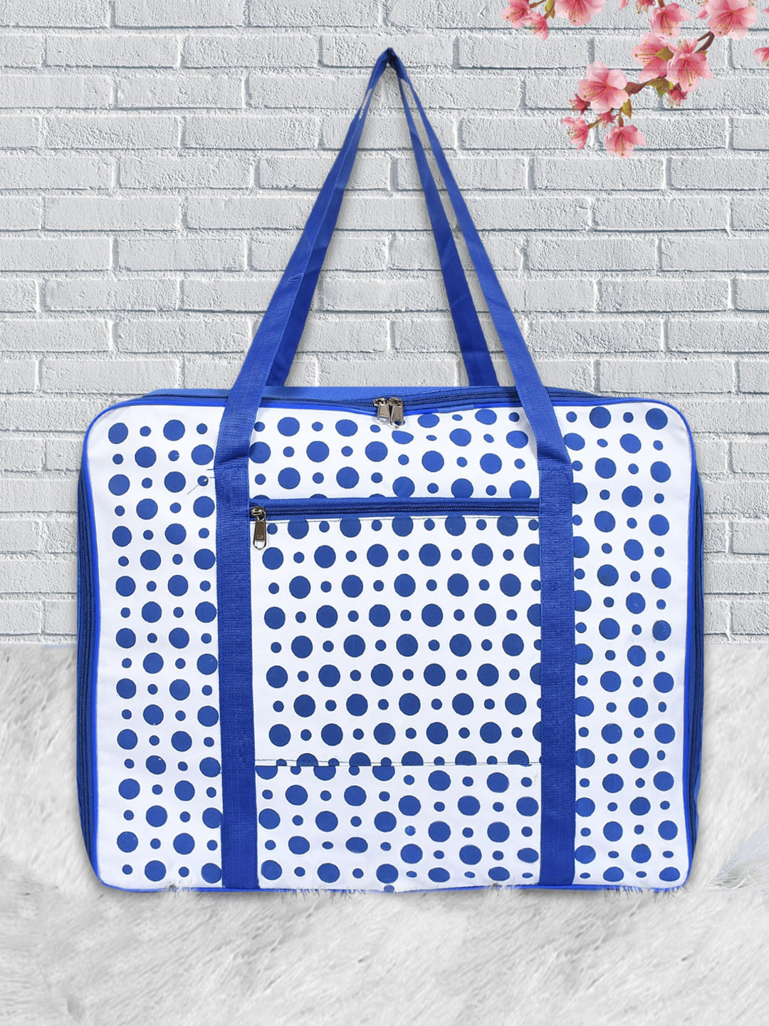 Kuber Industries White & Blue Dot Printed Large Size Foldable Travel Luggage Duffle Bag