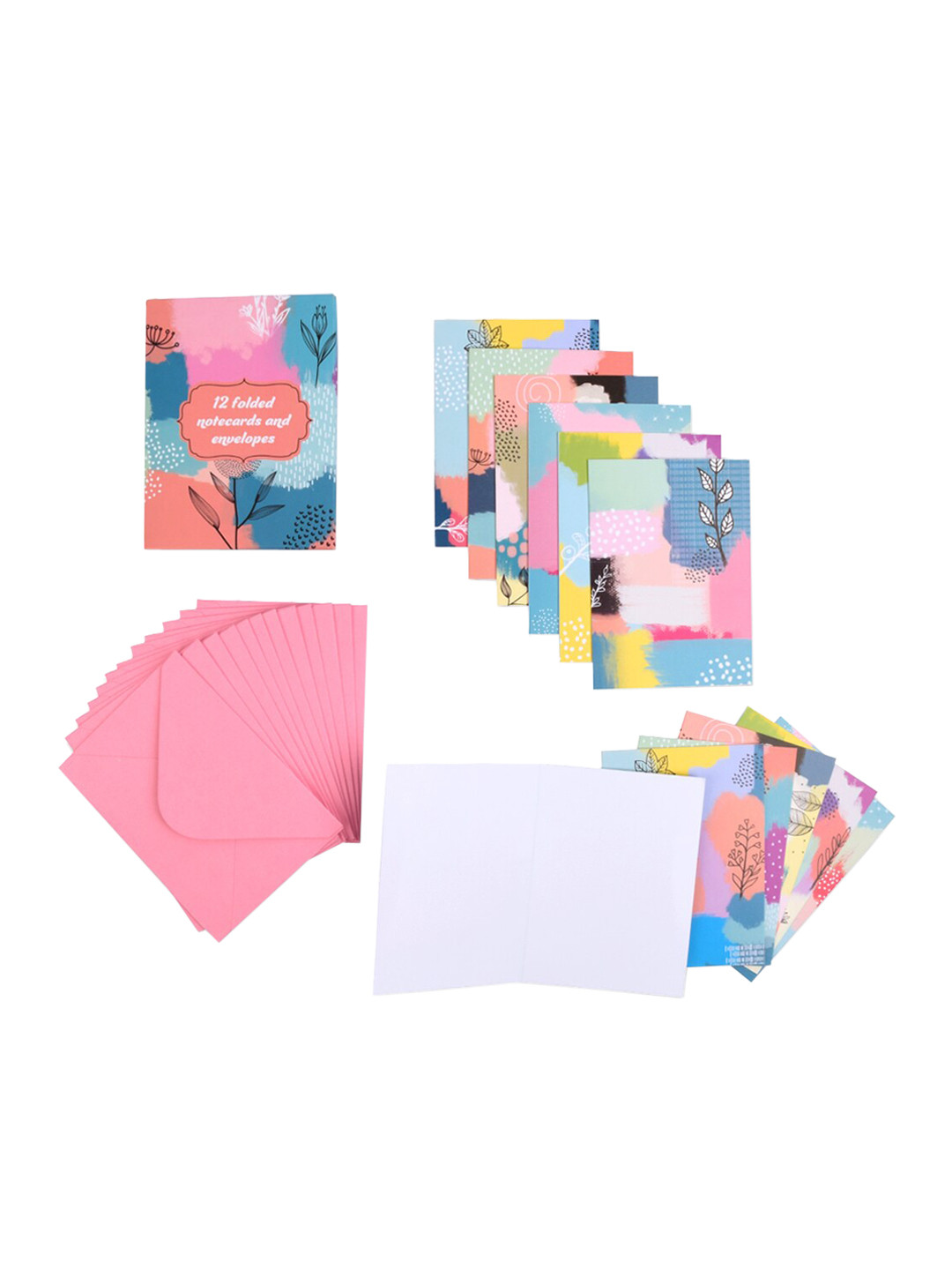 Doodle Set Of 12 Green & Pink Printed Notecards With Envelops