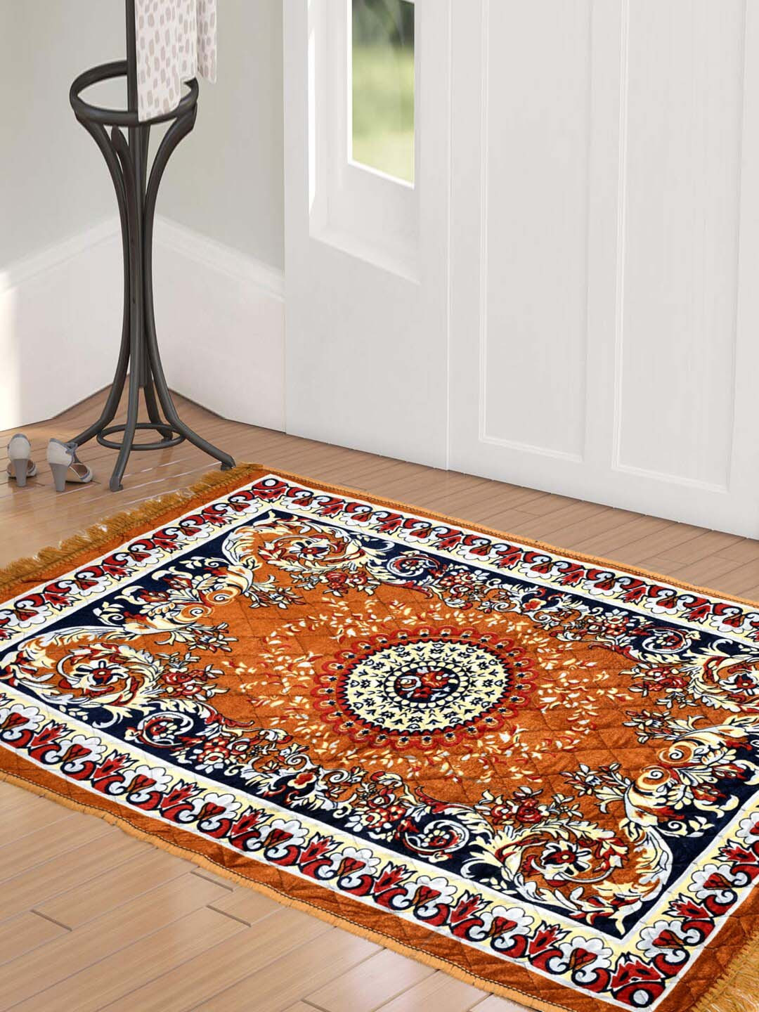 Kuber Industries Orange & Black Printed Super Soft Velvet Traditional Anti-Skid Carpet