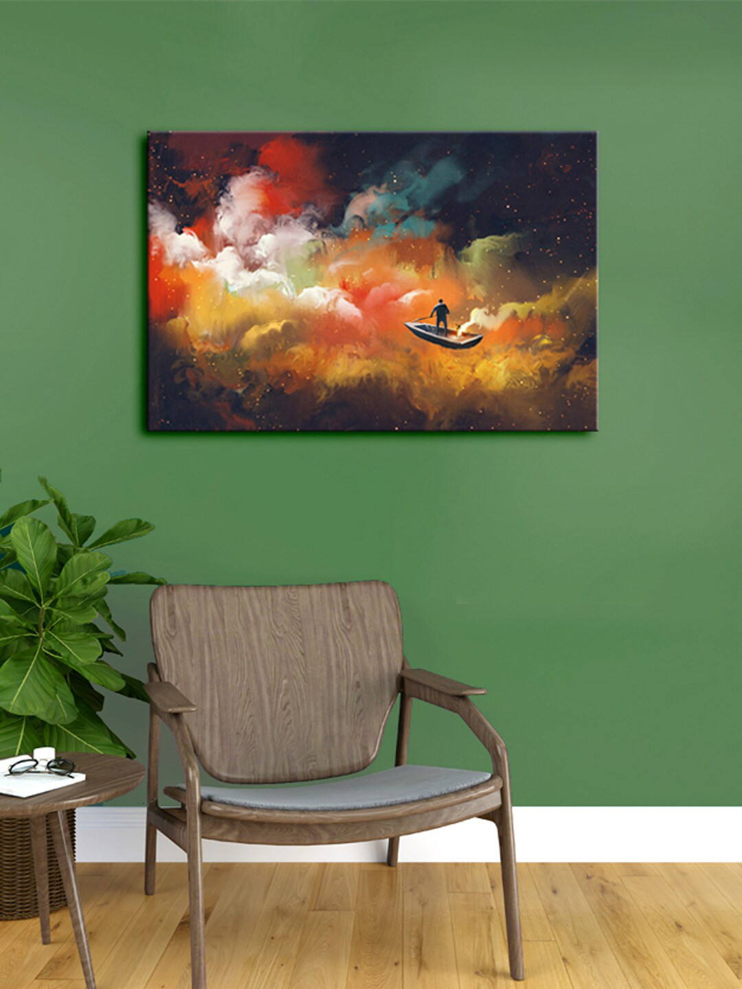 999Store Brown & Orange Ocean With Boats Canvas Framed Painting Wall Art