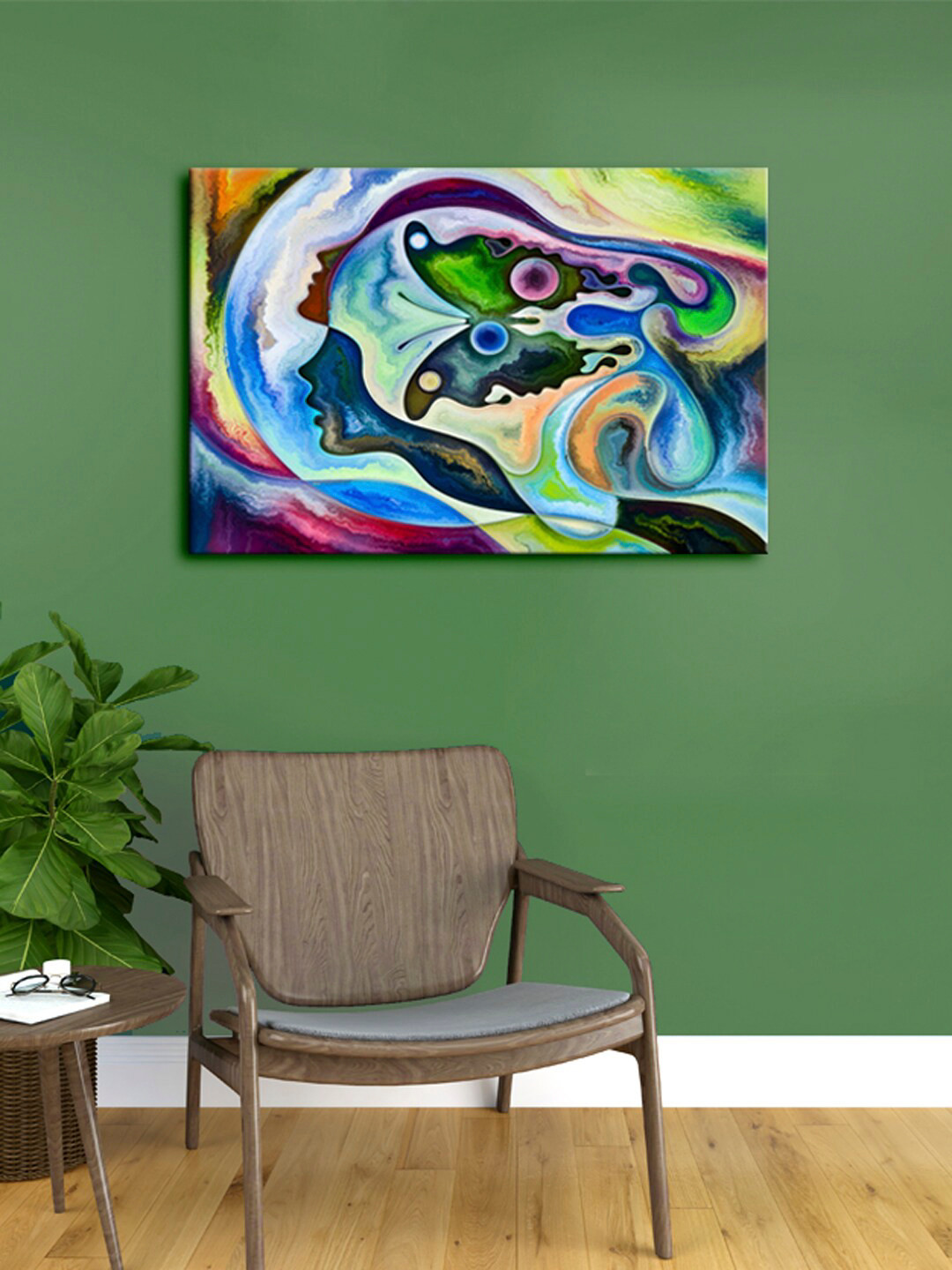 999Store Green & Blue Butterfly & Lay Face Morden Art Canvas Painting Framed Wall Art