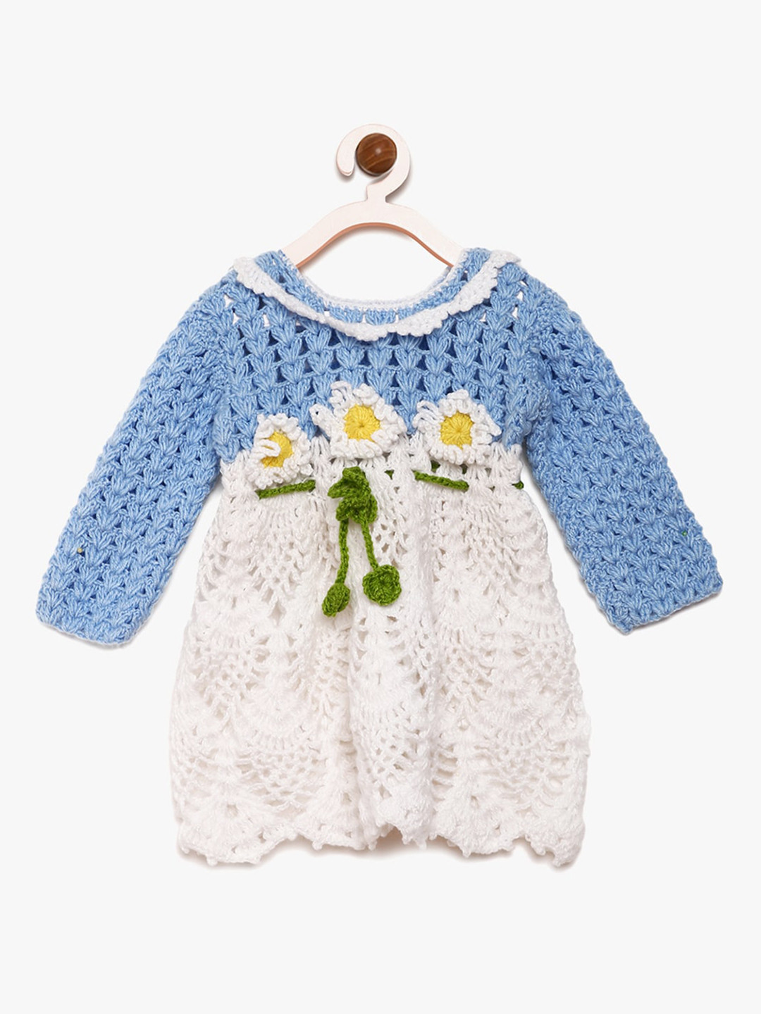 CHUTPUT White & Blue Pure Wool A-Line Crochet Dress