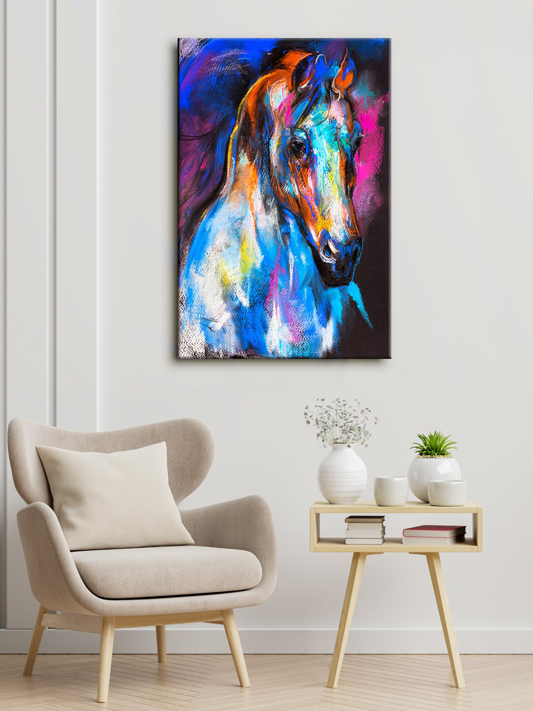 999Store Blue & Pink Horse Abstract Canvas Framed Wall Art