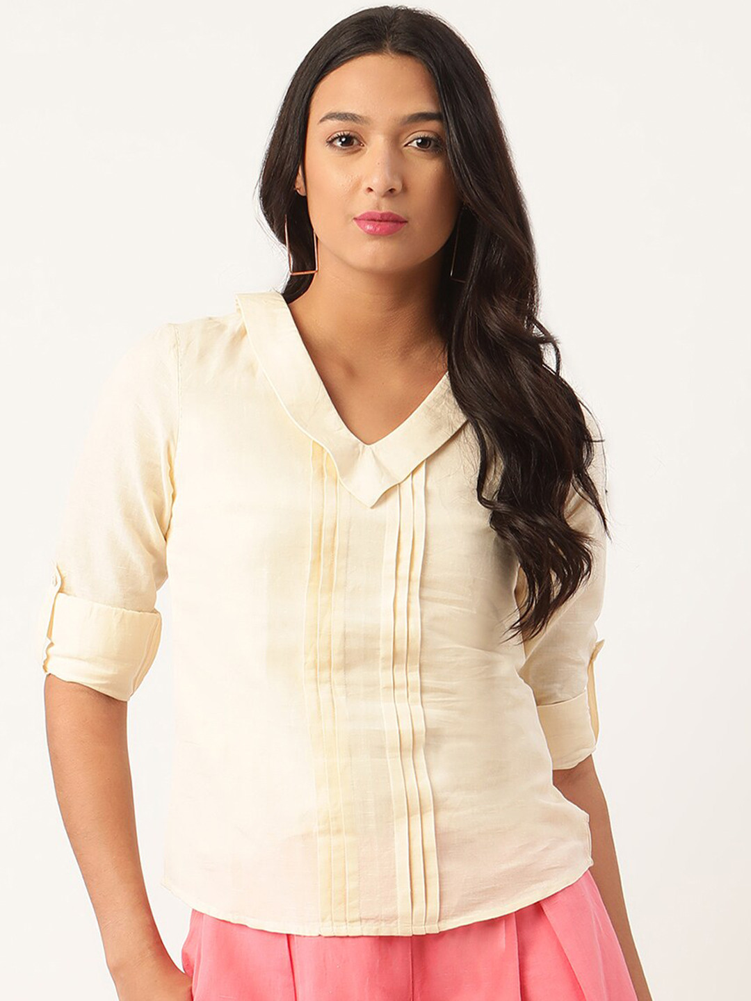ROOTED Women Beige Solid Linen Regular Top