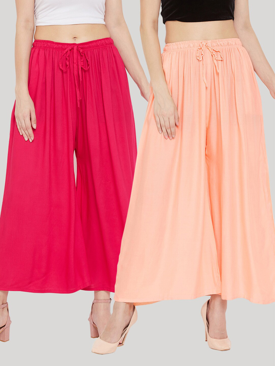 Clora Creation Women Pack Of 2 Peach & Fuchsia Pink Flared Knitted Ethnic Palazzos