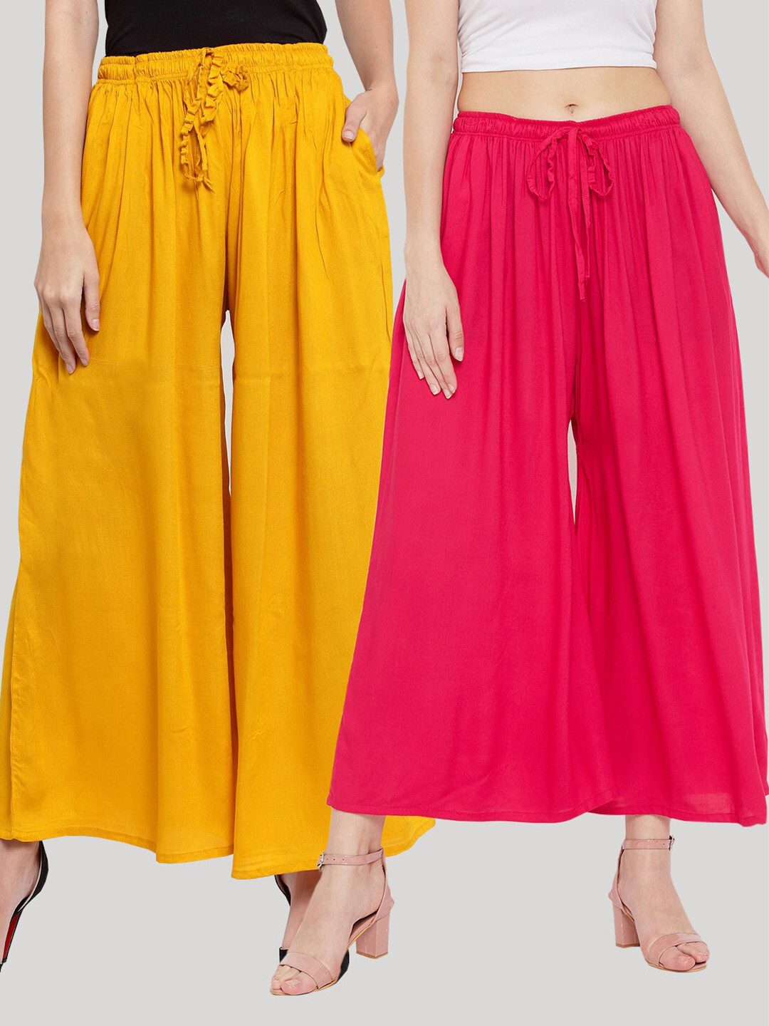 Clora Creation Women Pack Of 2 Pink & Mustard Yellow Flared Knitted Palazzos