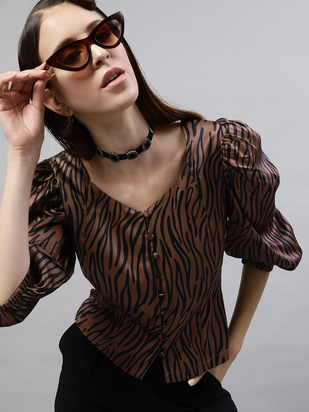 STREET 9 Women Brown & Black Animal Print Puff Sleeves Top