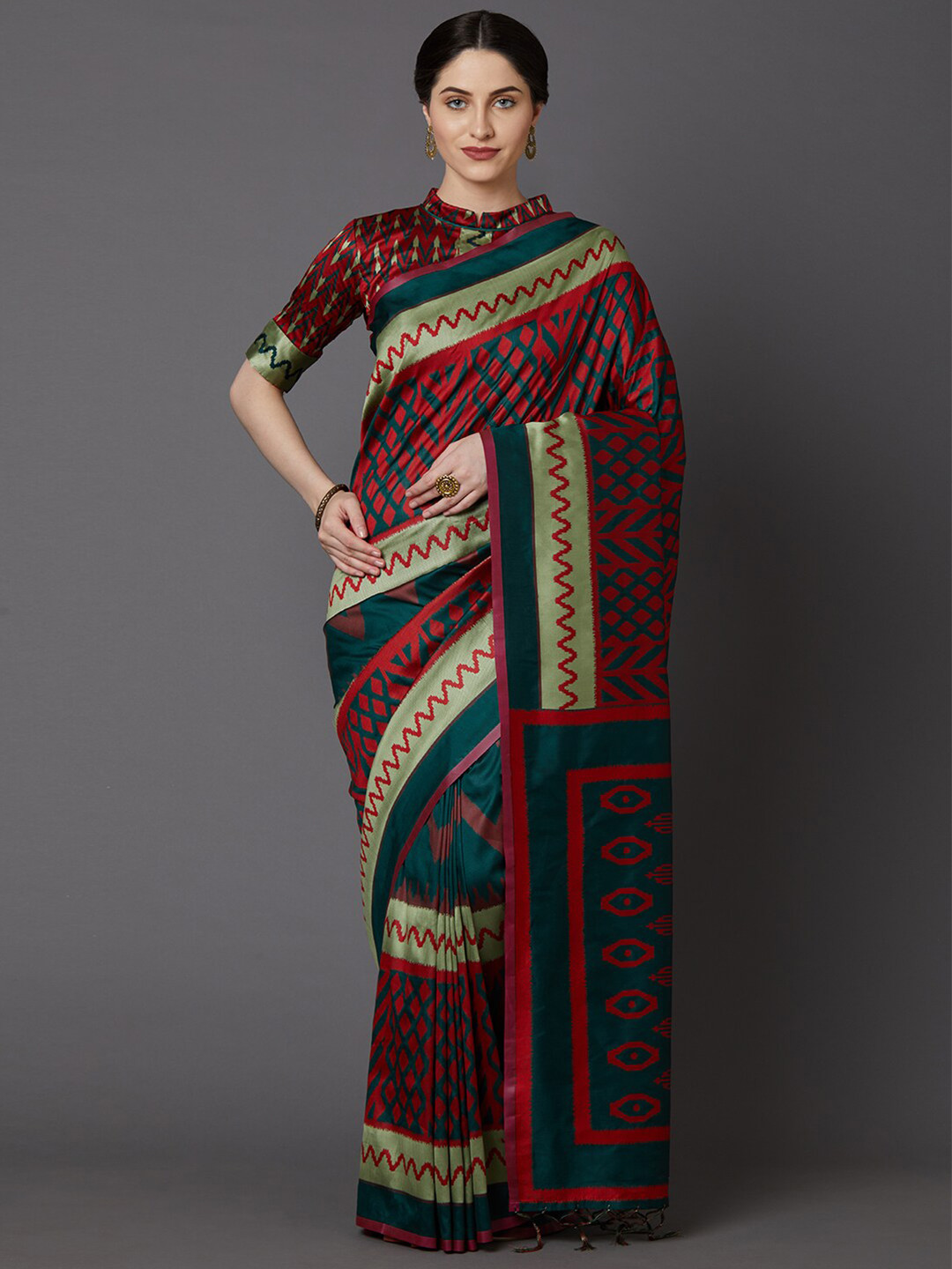 Mitera Green & Red Silk Cotton Saree