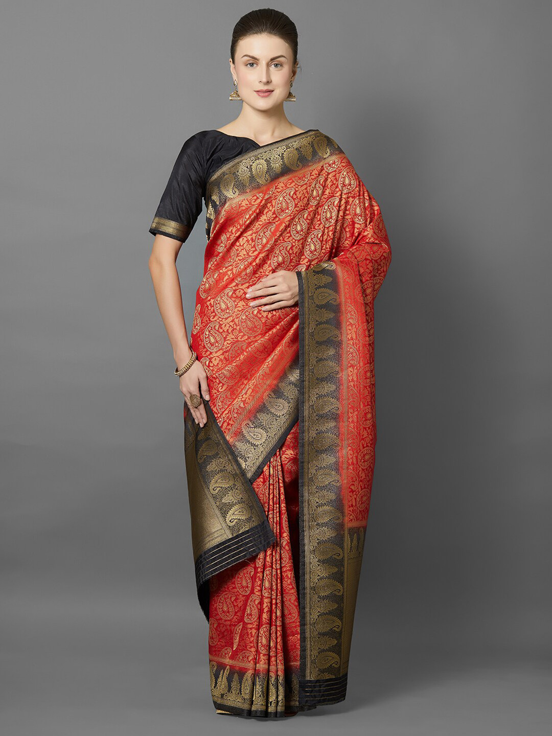 Mitera Red & Black Woven Design Zari Silk Blend Banarasi Saree
