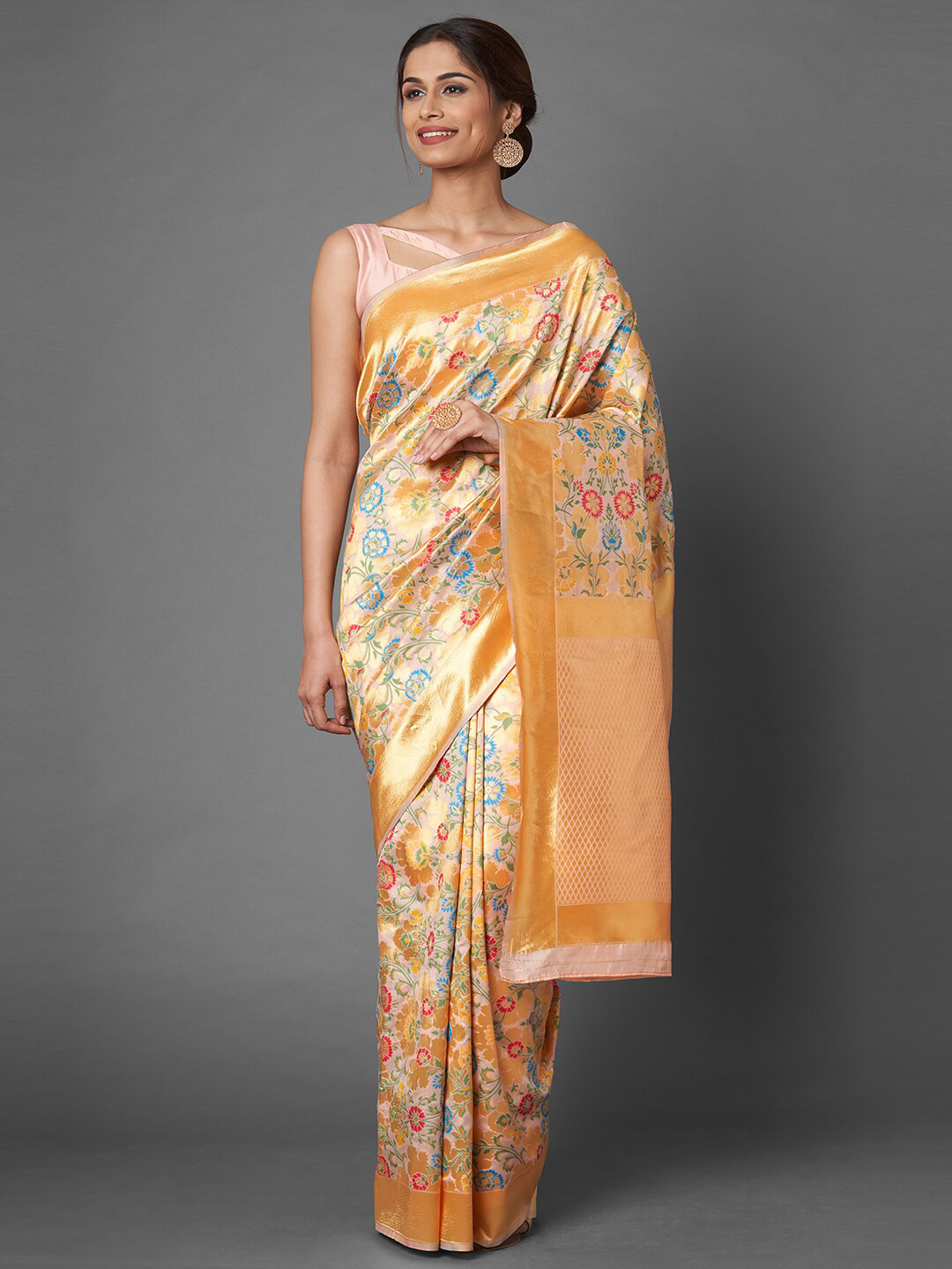 Mitera Peach Floral Zari Silk Blend Saree