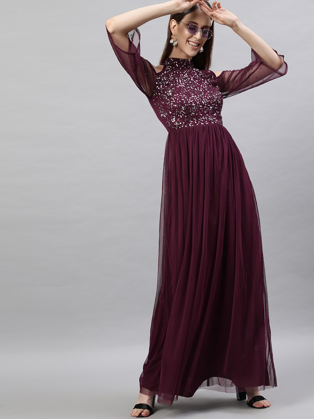STREET 9 Burgundy Halter Neck Net Maxi Dress