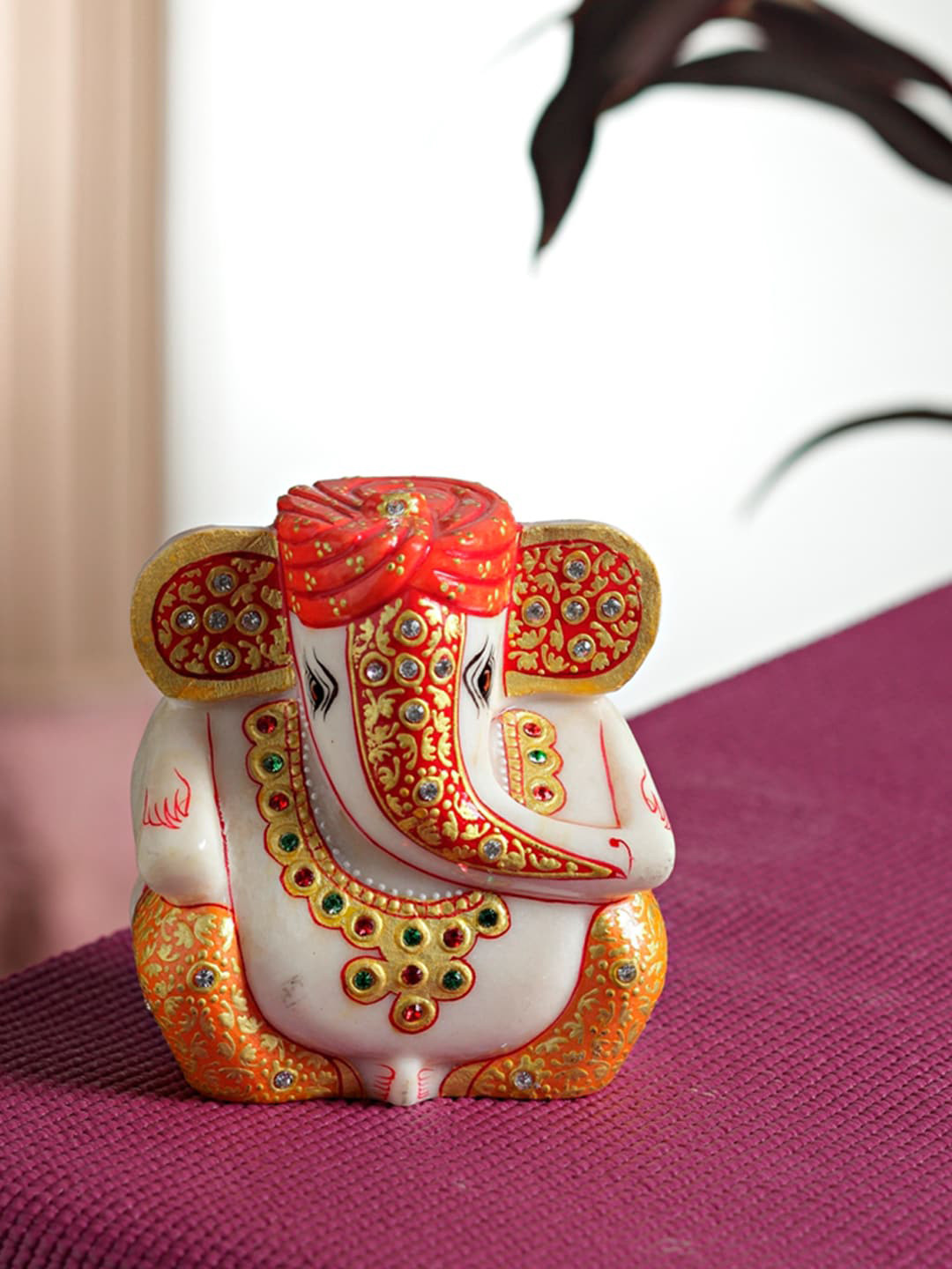 Aapno Rajasthan Ganesh With Turban White Marble Glossy Prayer Room Small Showpiece - 4.9 Inches