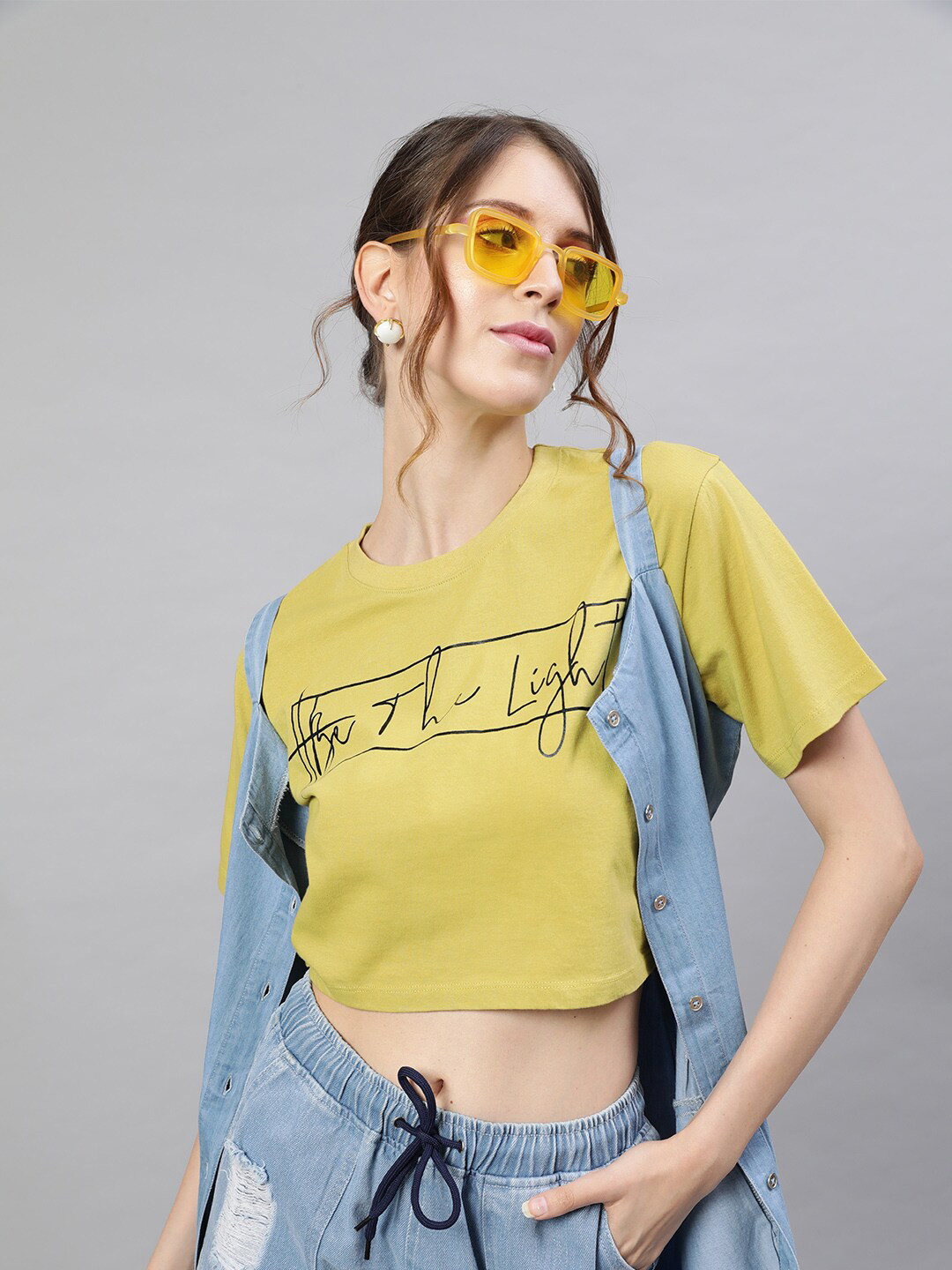 STREET 9 Women Yellow Typography Printed Round Neck Cotton Crop Pure Cotton T-shirt