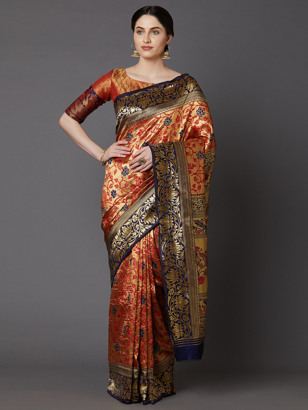 Mitera Red & Navy Blue Floral Zari Silk Blend Saree
