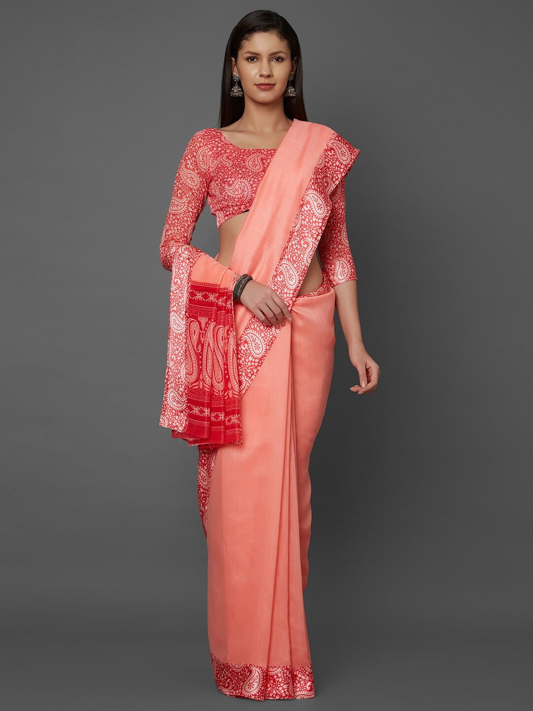 Mitera Peach & Red Patchwork Linen Blend Saree