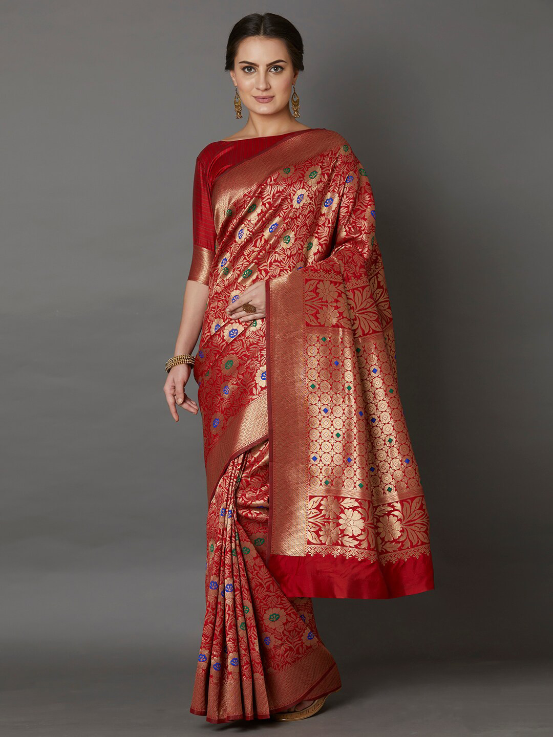 Mitera Red & Gold-Toned Ethnic Motifs Zari Silk Blend Saree