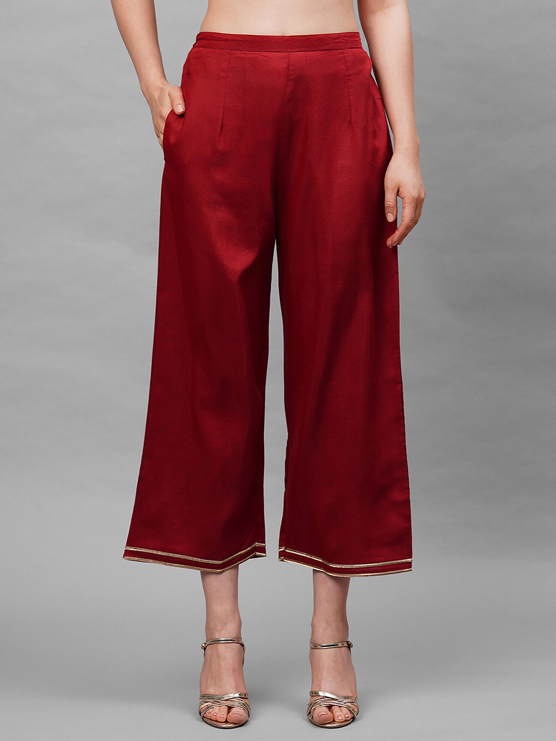 Indo Era Women Red Cropped Ethnic Palazzos