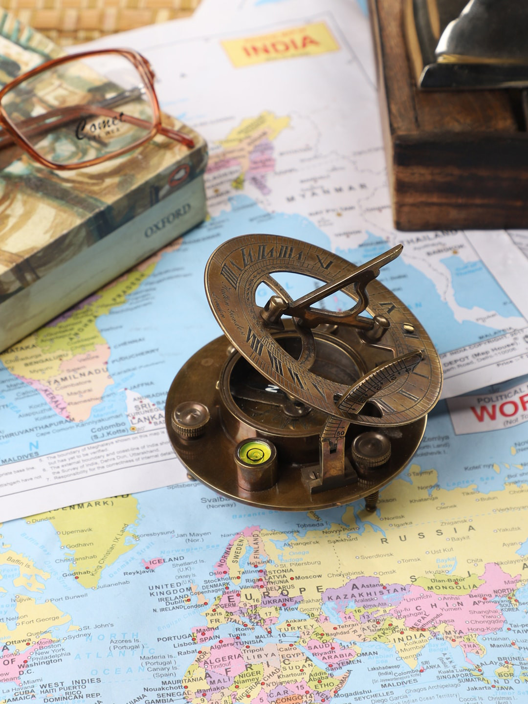 EXIM DECOR Sundial with Compass Rust Brass Metallic Living Room Tiny Showpiece - 2.2 Inches