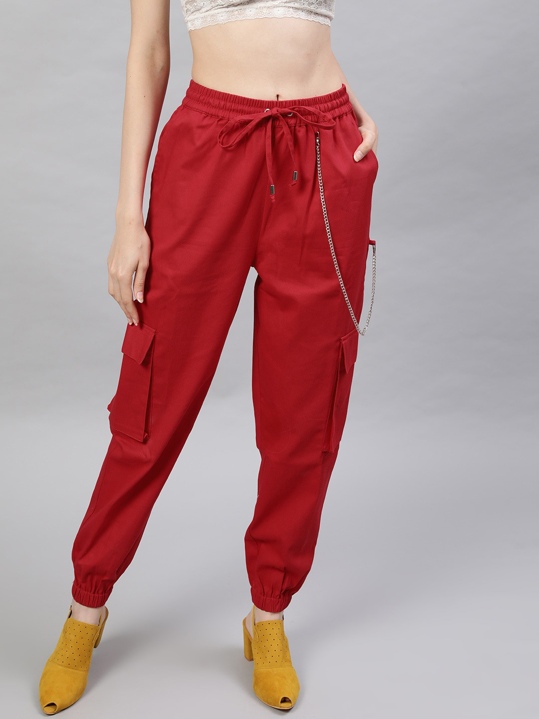 STREET 9 Women Red Twill Jogger Cargo With Chain