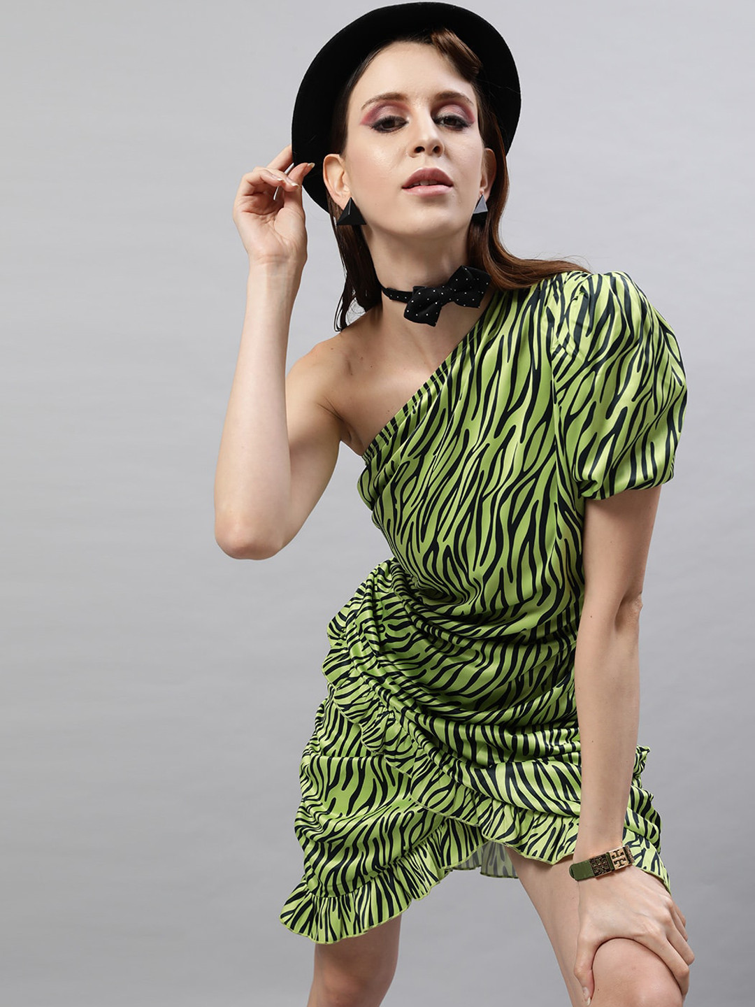 STREET 9 Green Satin Animal Printed Dress