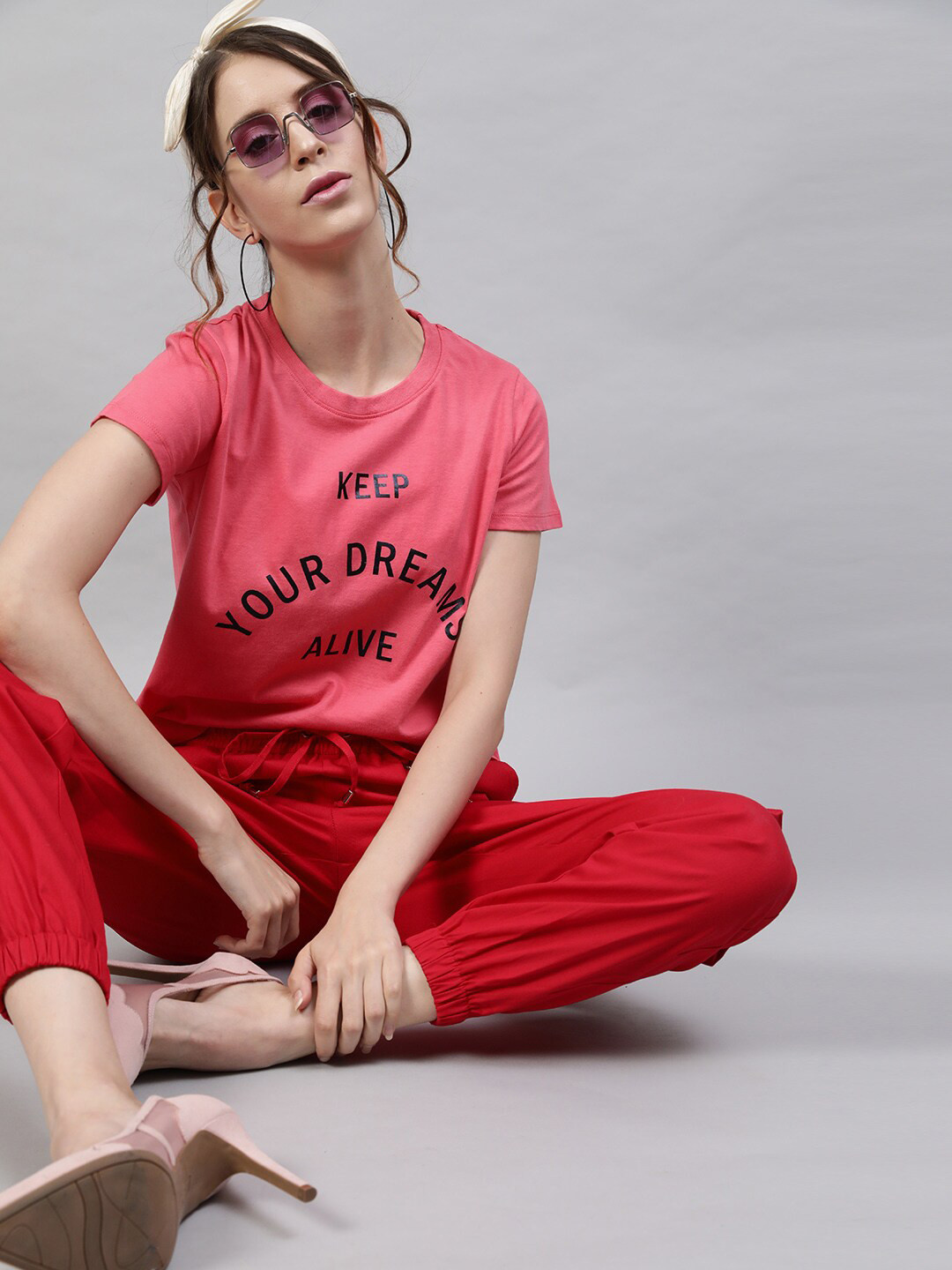 STREET 9 Women Coral typography Printed 100% Cotton Pure Cotton T-shirt
