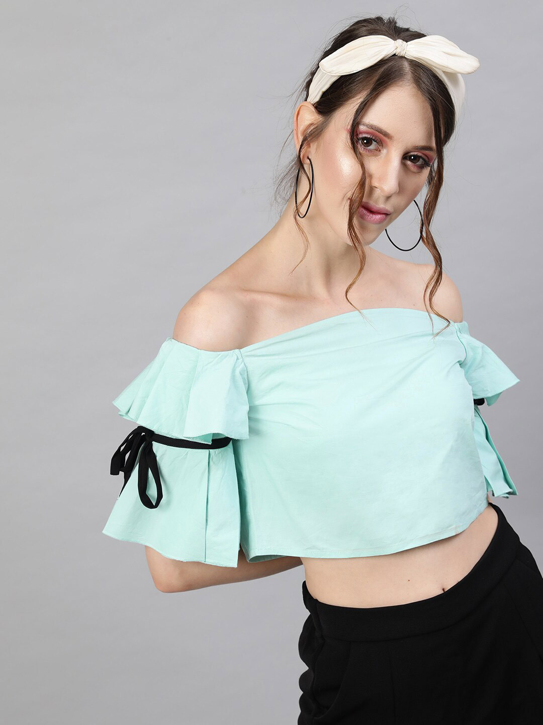 STREET 9 Women Sea Green Solid Off-Shoulder Regular Crop Top