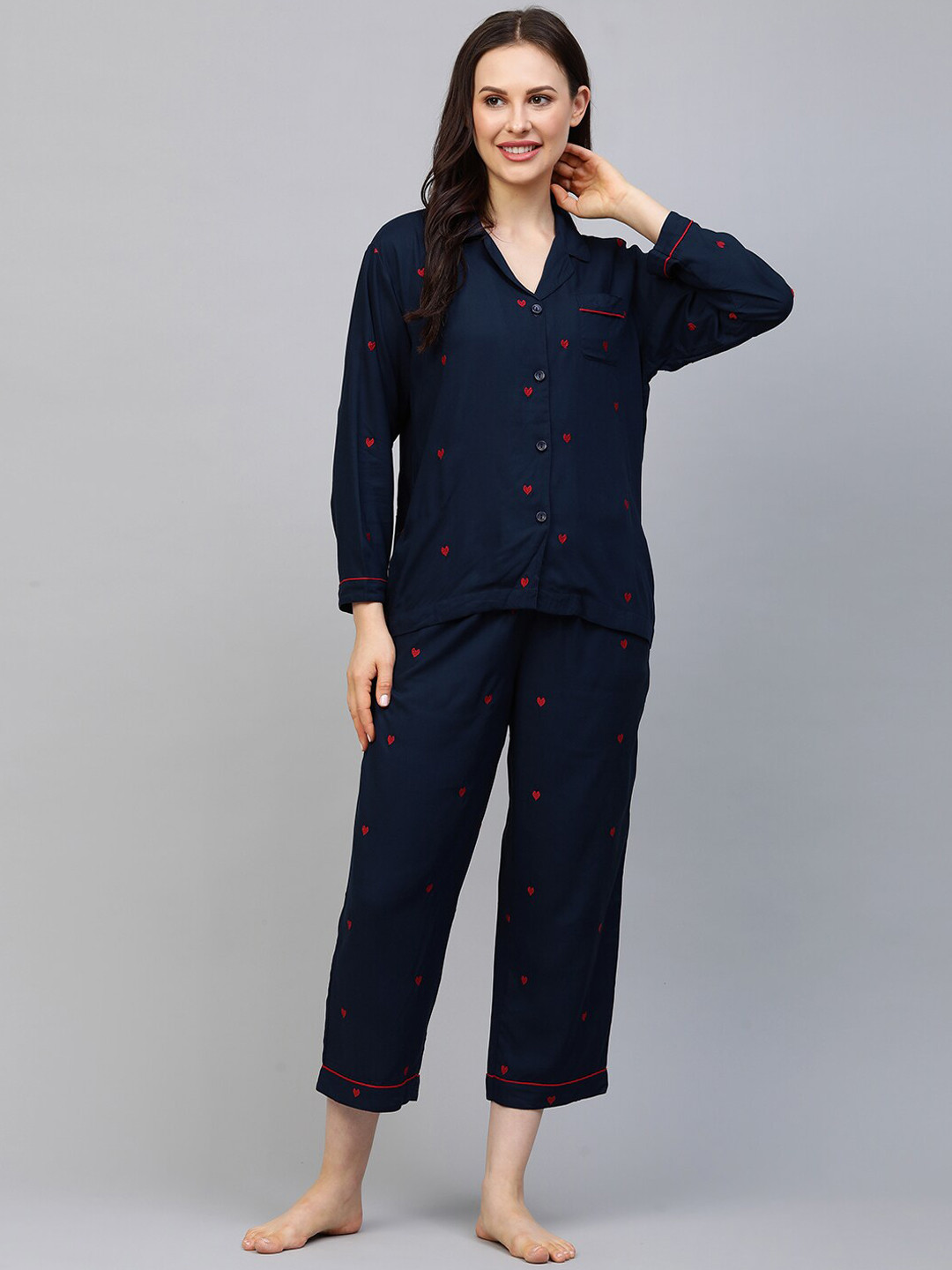 Chemistry Women Navy Blue & Red Embroidered Night suit